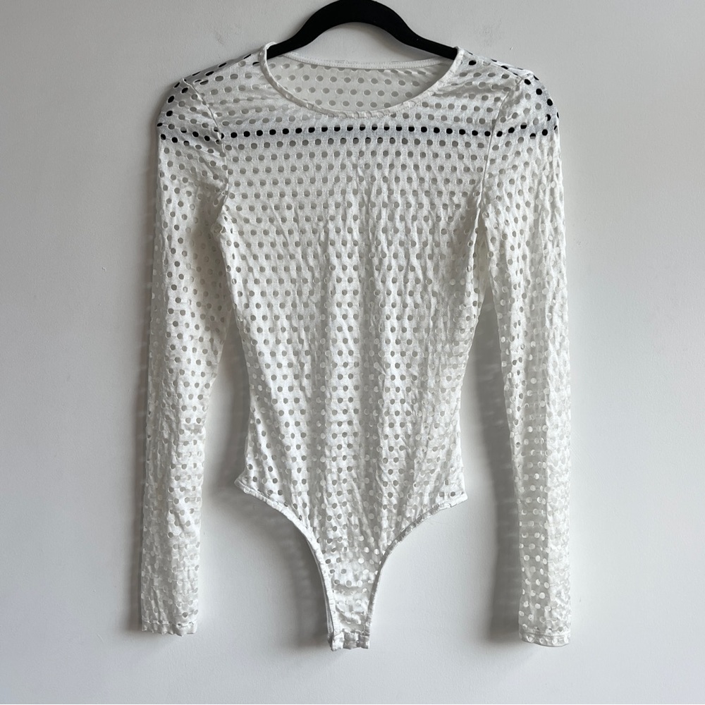 White mesh polka dot cut out stretch long sleeve bodysuit